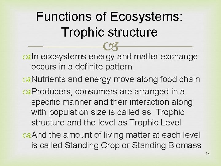 Functions of Ecosystems: Trophic structure In ecosystems energy and matter exchange occurs in a