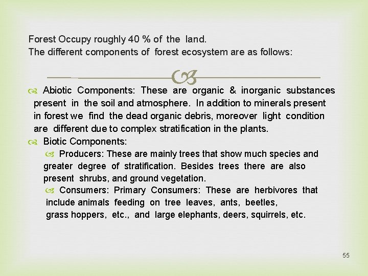Forest Occupy roughly 40 % of the land. The different components of forest ecosystem