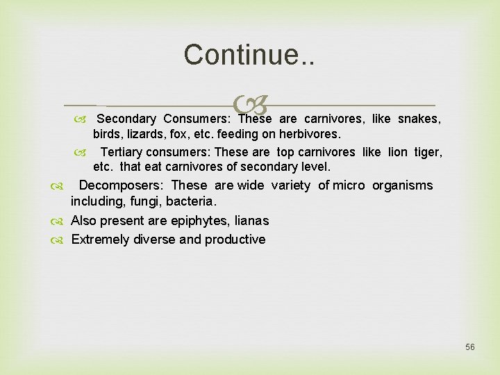 Continue. . Secondary Consumers: These are carnivores, like snakes, birds, lizards, fox, etc. feeding