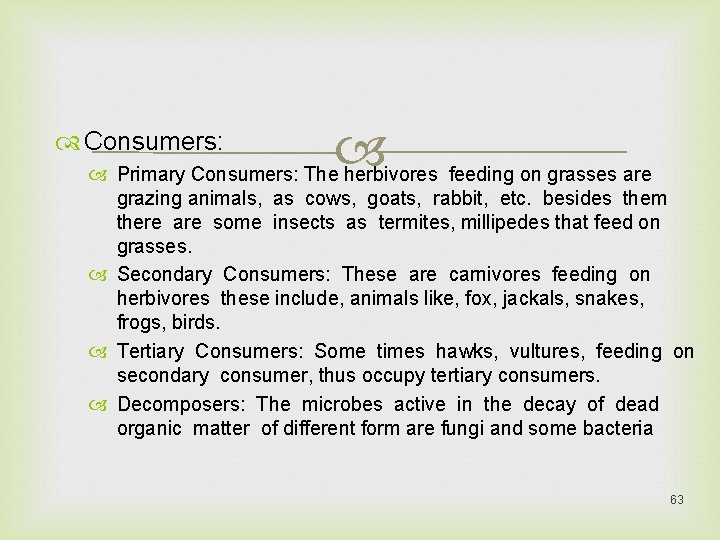  Consumers: Primary Consumers: The herbivores feeding on grasses are grazing animals, as cows,