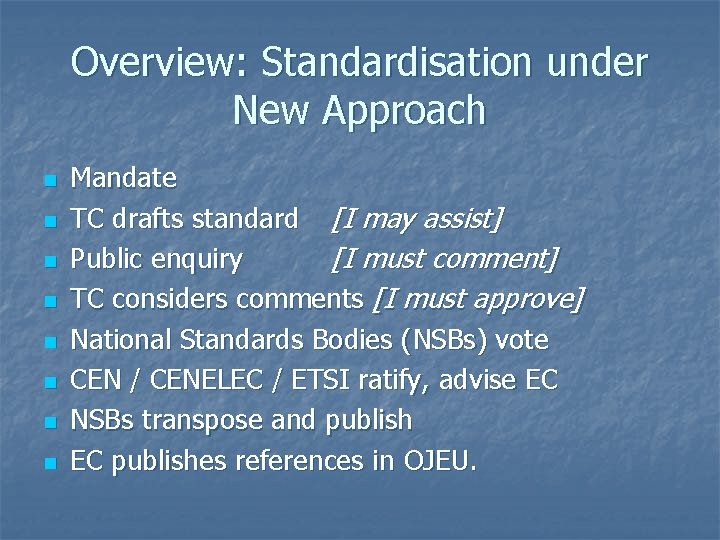 Overview: Standardisation under New Approach n n n n Mandate TC drafts standard [I