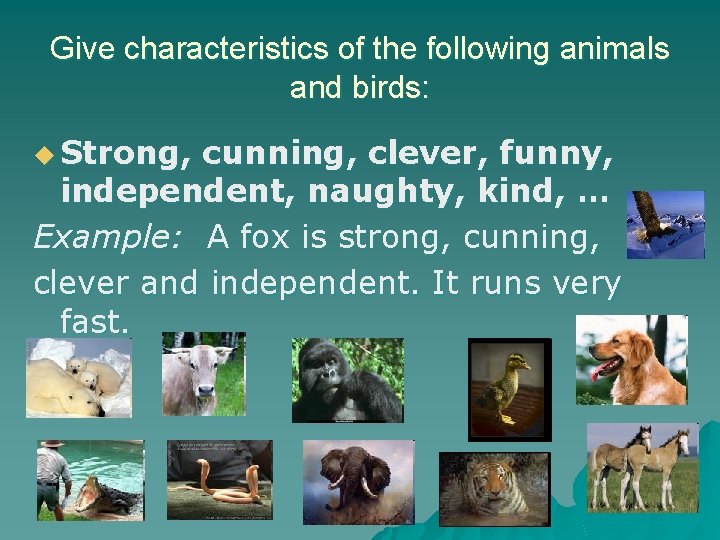 Give characteristics of the following animals and birds: u Strong, cunning, clever, funny, independent,