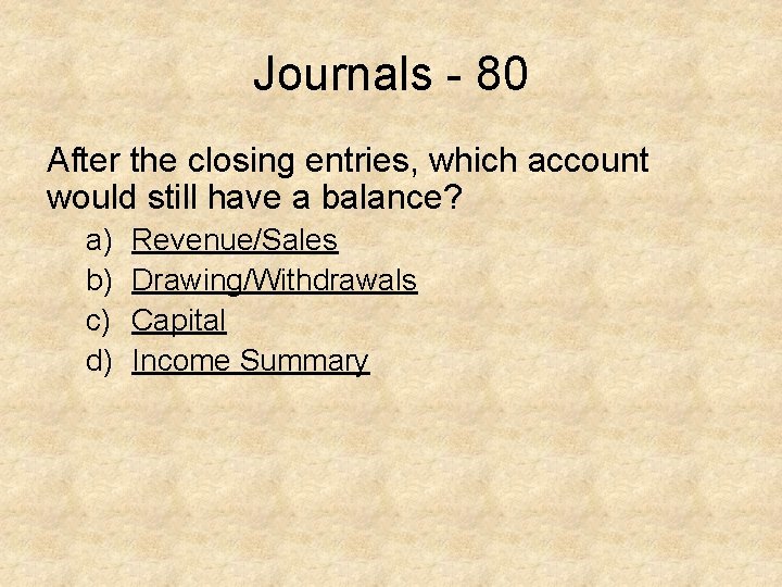 Journals - 80 After the closing entries, which account would still have a balance?