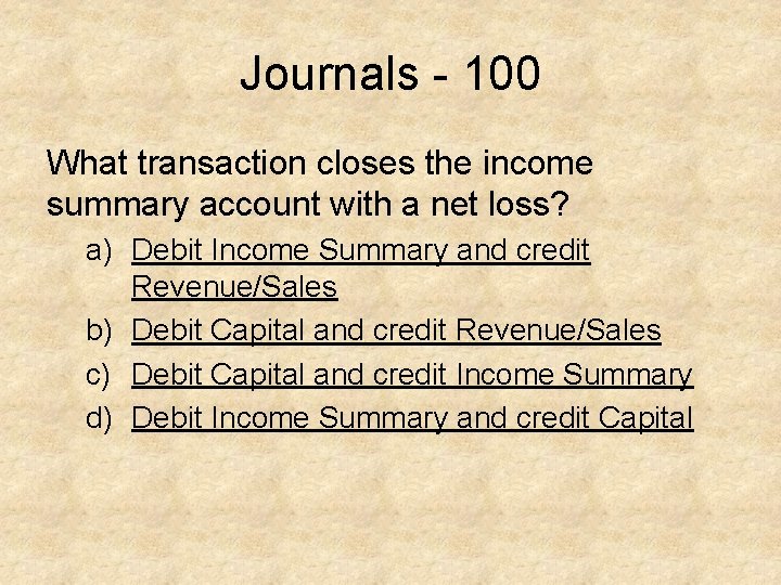 Journals - 100 What transaction closes the income summary account with a net loss?