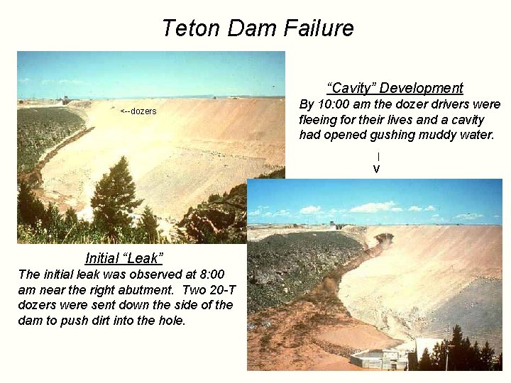 Teton Dam Failure “Cavity” Development <--dozers By 10: 00 am the dozer drivers were