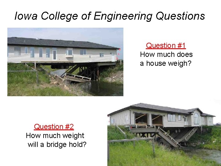 Iowa College of Engineering Questions Question #1 How much does a house weigh? Question
