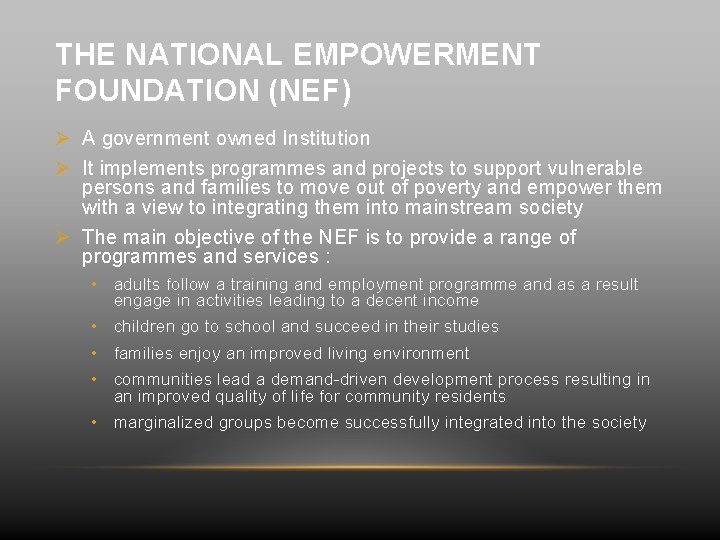 THE NATIONAL EMPOWERMENT FOUNDATION (NEF) Ø A government owned Institution Ø It implements programmes