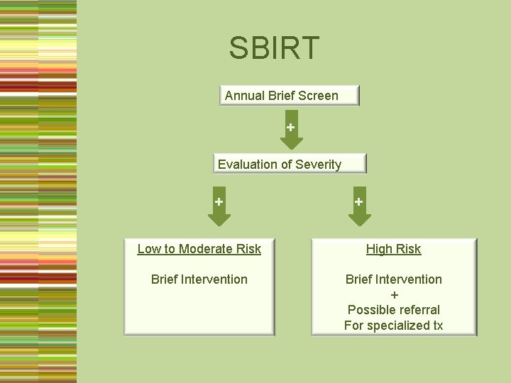 SBIRT Annual Brief Screen + Evaluation of Severity + + Low to Moderate Risk