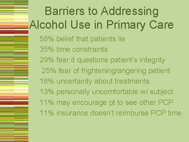 Barriers to Addressing Alcohol Use in Primary Care 58% belief that patients lie 35%