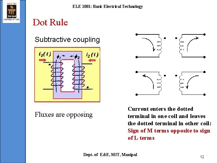 ELE 1001: Basic Electrical Technology Dot Rule Subtractive coupling Fluxes are opposing Current enters