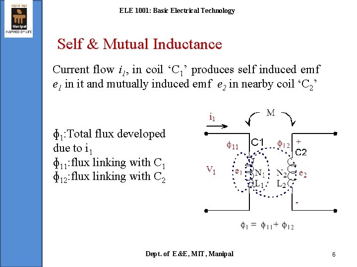 ELE 1001: Basic Electrical Technology Self & Mutual Inductance Current flow i 1, in
