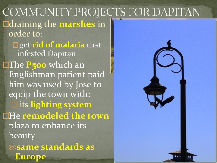 COMMUNITY PROJECTS FOR DAPITAN �draining the marshes in order to: � get rid of