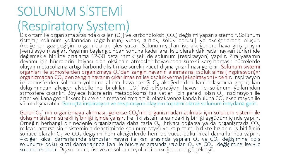 SOLUNUM SİSTEMİ (Respiratory System) Dış ortam ile organizma arasında oksijen (O ) ve karbondioksit