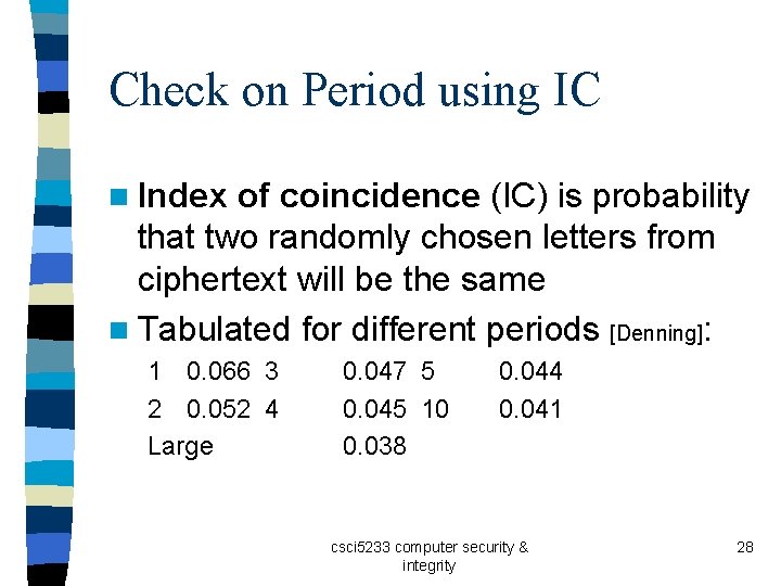 Check on Period using IC n Index of coincidence (IC) is probability that two Check on Period using IC n Index of coincidence (IC) is probability that two