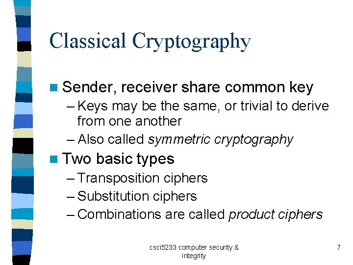 Classical Cryptography n Sender, receiver share common key – Keys may be the same,
