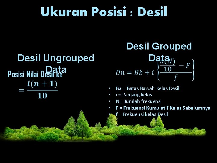 Ukuran Posisi : Desil Ungrouped Data • • • Desil Grouped Data Bb =