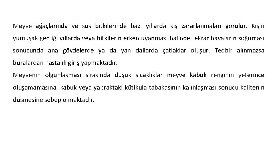 Meyve ağaçlarında ve süs bitkilerinde bazı yıllarda kış zararlanmaları görülür. Kışın yumuşak geçtiği yıllarda