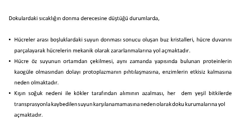 Dokulardaki sıcaklığın donma derecesine düştüğü durumlarda, • Hücreler arası boşluklardaki suyun donması sonucu oluşan