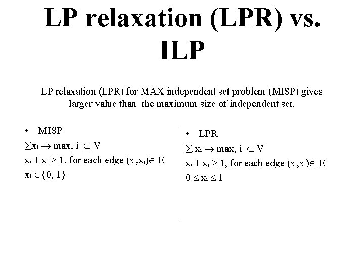 LP relaxation (LPR) vs. ILP LP relaxation (LPR) for MAX independent set problem (MISP)