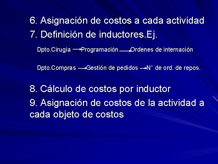 6. Asignación de costos a cada actividad 7. Definición de inductores. Ej. Dpto. Cirugía