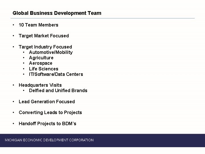 Global Business Development Team • 10 Team Members • Target Market Focused • Target