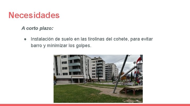 Necesidades A corto plazo: ● Instalación de suelo en las tirolinas del cohete, para