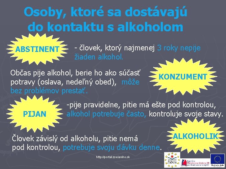 Osoby, ktoré sa dostávajú do kontaktu s alkoholom ABSTINENT - človek, ktorý najmenej 3