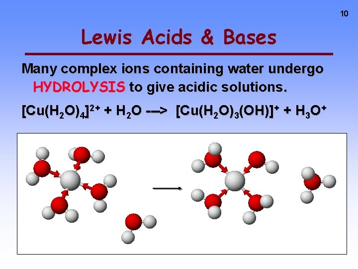 10 Lewis Acids & Bases Many complex ions containing water undergo HYDROLYSIS to give