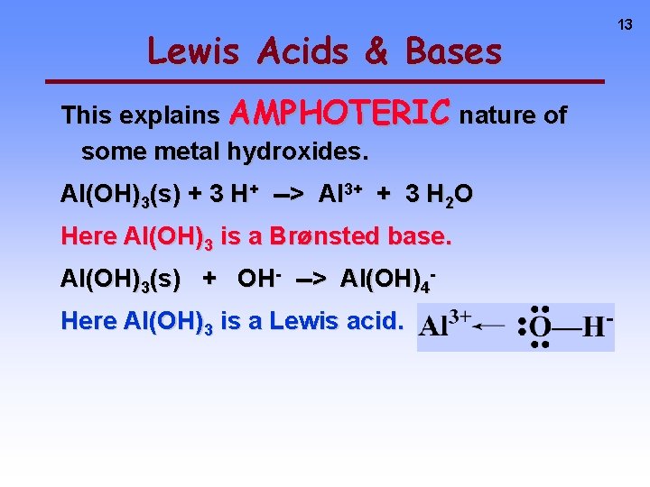 Lewis Acids & Bases This explains AMPHOTERIC nature of some metal hydroxides. Al(OH)3(s) +