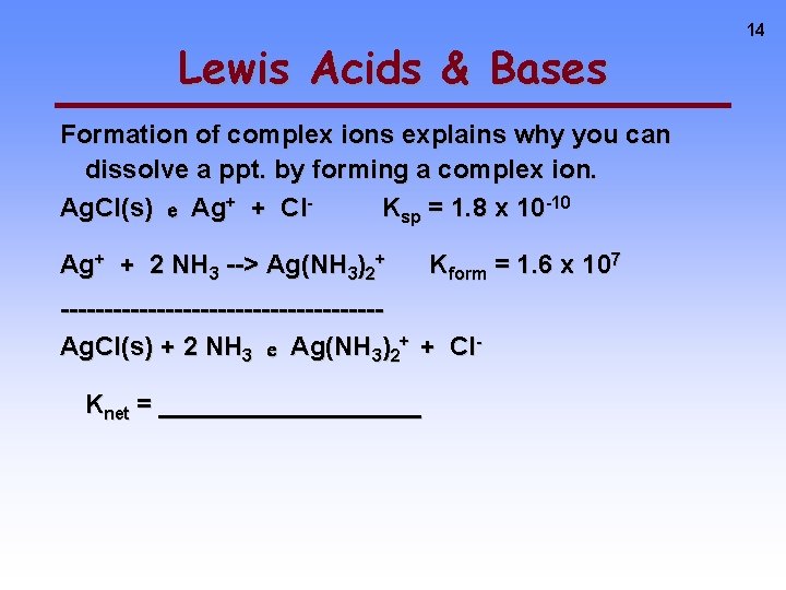 Lewis Acids & Bases Formation of complex ions explains why you can dissolve a
