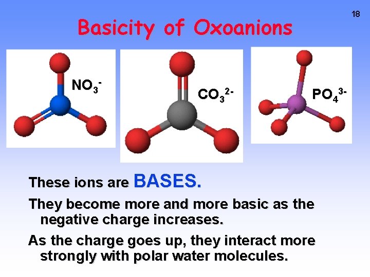 18 Basicity of Oxoanions NO 3 - CO 32 - PO 43 - These