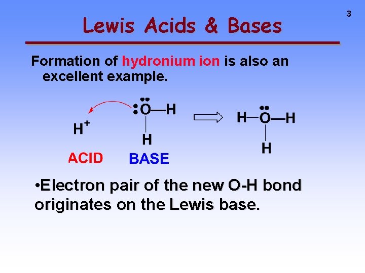 Lewis Acids & Bases Formation of hydronium ion is also an excellent example. •