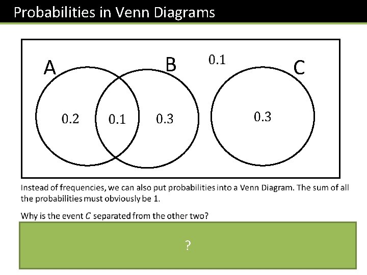 Probabilities in Venn Diagrams B A C ? 
