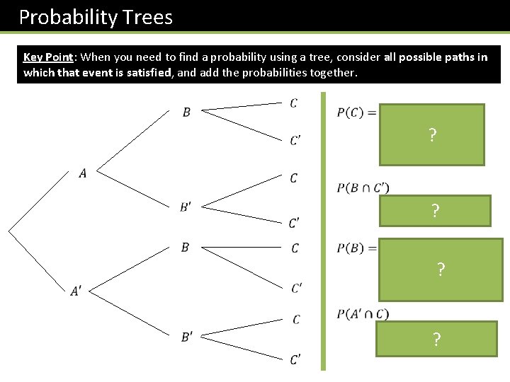 Probability Trees Key Point: When you need to find a probability using a tree,