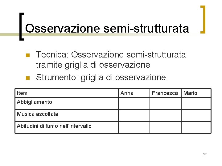 Osservazione semi-strutturata n n Tecnica: Osservazione semi-strutturata tramite griglia di osservazione Strumento: griglia di