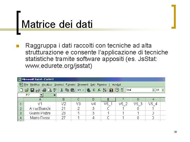 Matrice dei dati n Raggruppa i dati raccolti con tecniche ad alta strutturazione e