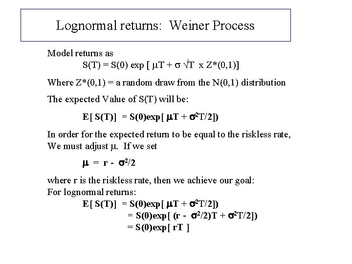 Lognormal returns: Weiner Process Model returns as S(T) = S(0) exp [ m. T