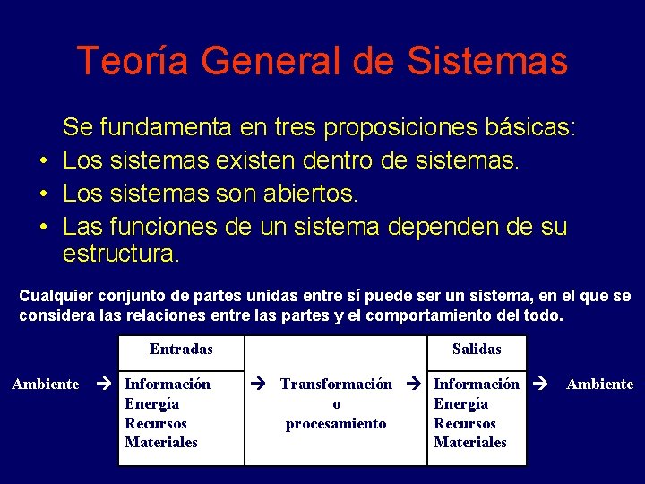 Teoría General de Sistemas Se fundamenta en tres proposiciones básicas: • Los sistemas existen