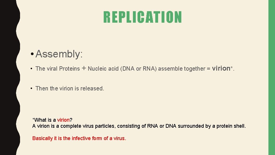 REPLICATION • Assembly: • The viral Proteins + Nucleic acid (DNA or RNA) assemble
