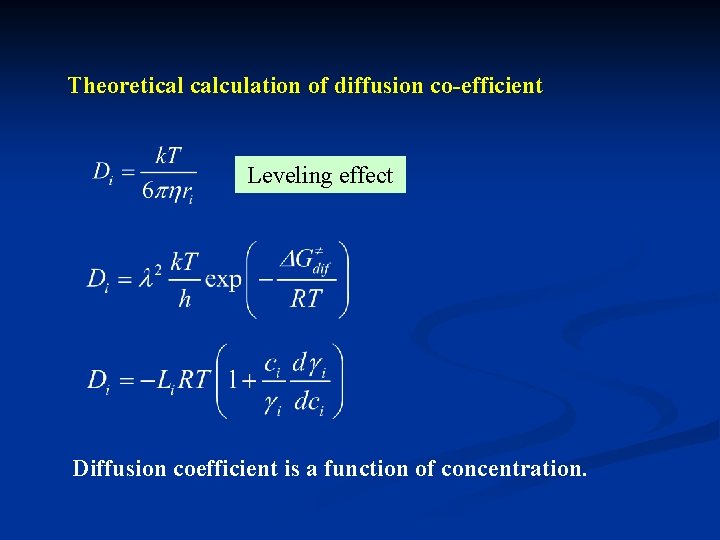 Theoretical calculation of diffusion co-efficient Leveling effect Diffusion coefficient is a function of concentration.