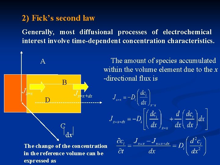 2) Fick’s second law Generally, most diffusional processes of electrochemical interest involve time-dependent concentration