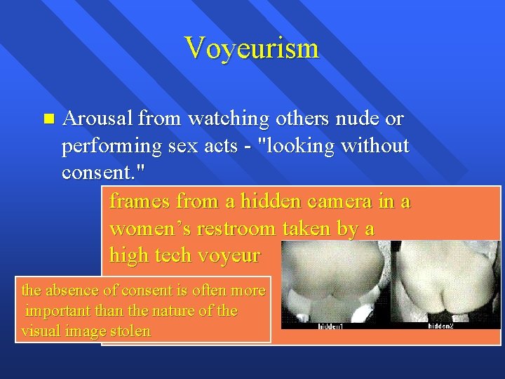Voyeurism Arousal from watching others nude or performing sex acts - "looking without consent.