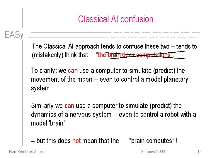 Classical AI confusion EASy The Classical AI approach tends to confuse these two --