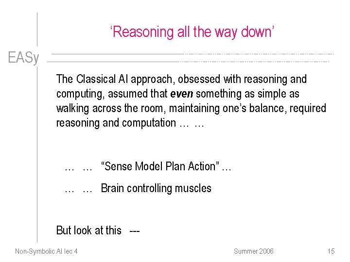 ‘Reasoning all the way down’ EASy The Classical AI approach, obsessed with reasoning and