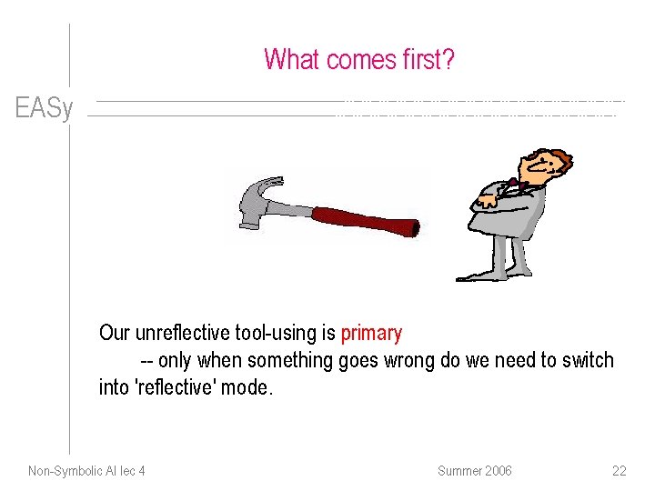 What comes first? EASy Our unreflective tool-using is primary -- only when something goes