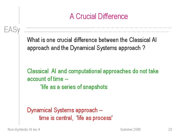 A Crucial Difference EASy What is one crucial difference between the Classical AI approach