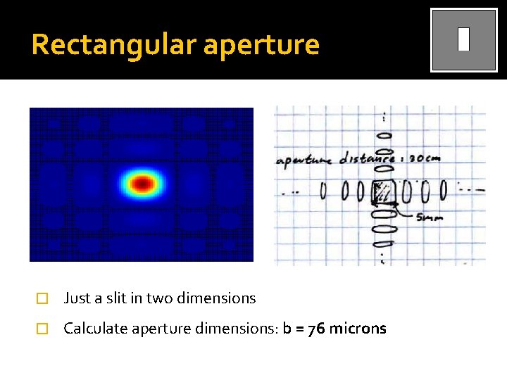 Rectangular aperture � Just a slit in two dimensions � Calculate aperture dimensions: b