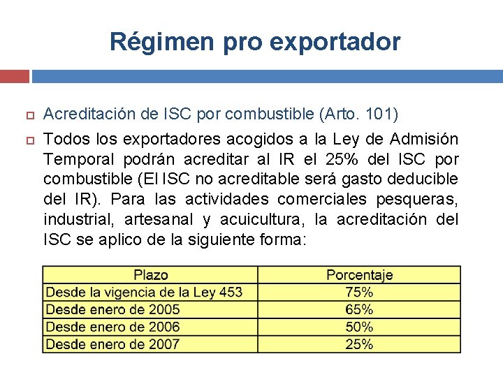 Régimen pro exportador Acreditación de ISC por combustible (Arto. 101) Todos los exportadores acogidos