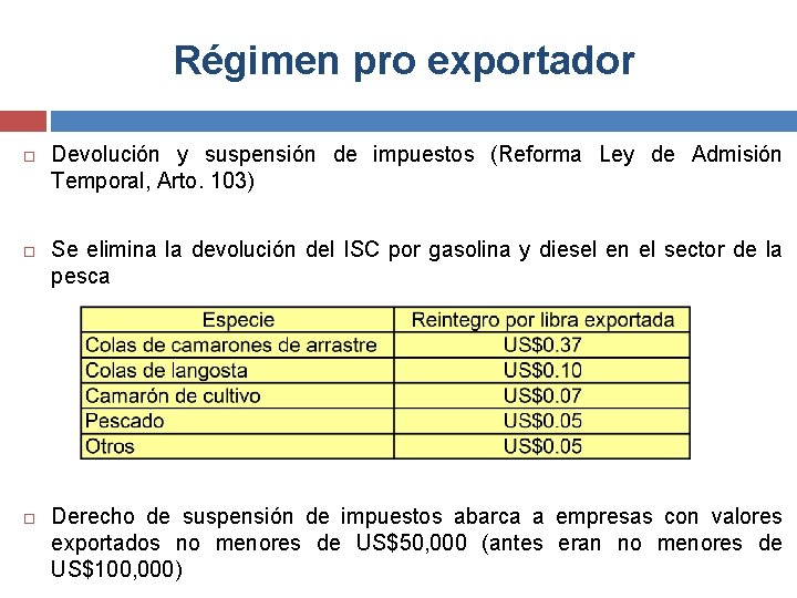 Régimen pro exportador Devolución y suspensión de impuestos (Reforma Ley de Admisión Temporal, Arto.