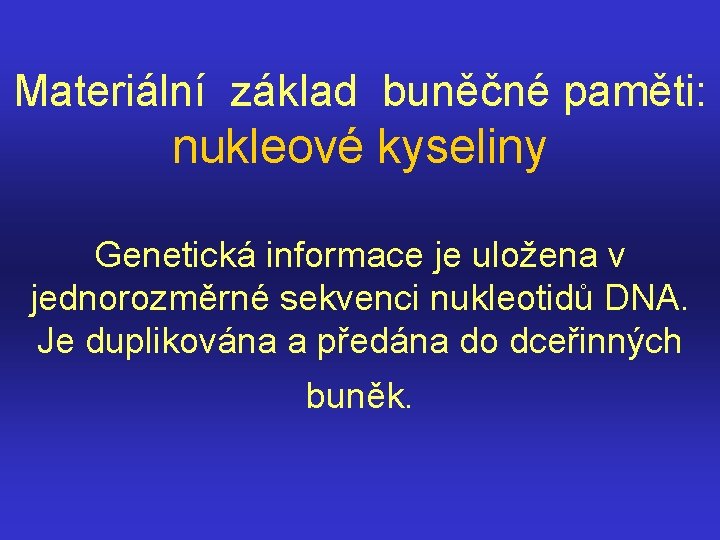 Materiální základ buněčné paměti: nukleové kyseliny Genetická informace je uložena v jednorozměrné sekvenci nukleotidů